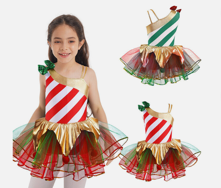 Kids Girls Dance Tutu Dress Carnival Bodysuit Performance Mesh Dress Cosplay