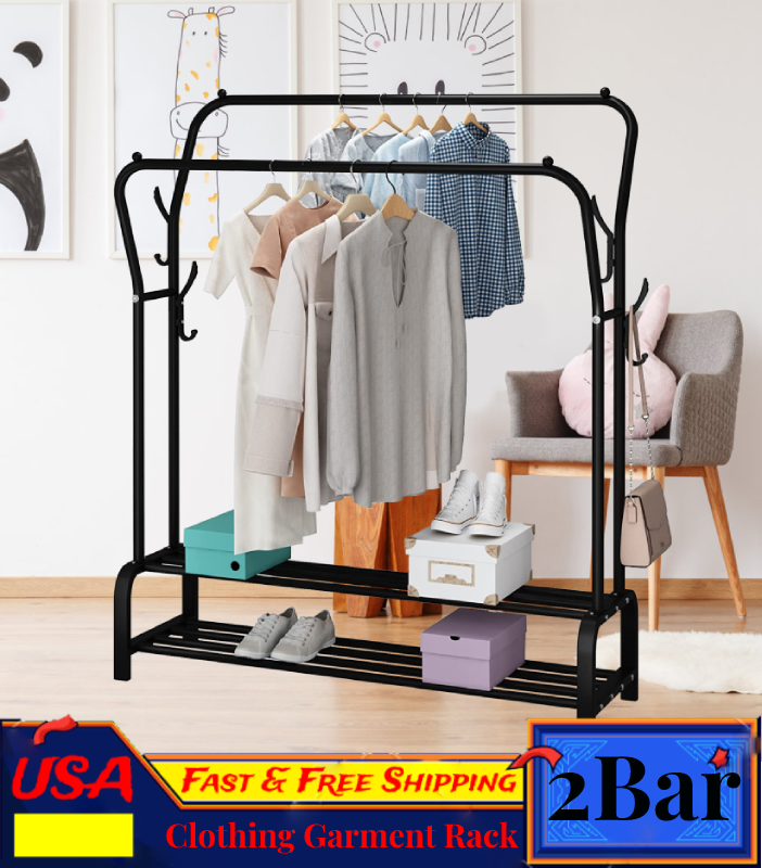 2-Tier Double Rail Closet Organizer Garment Rack Clothes Storage Hanger Shelf US