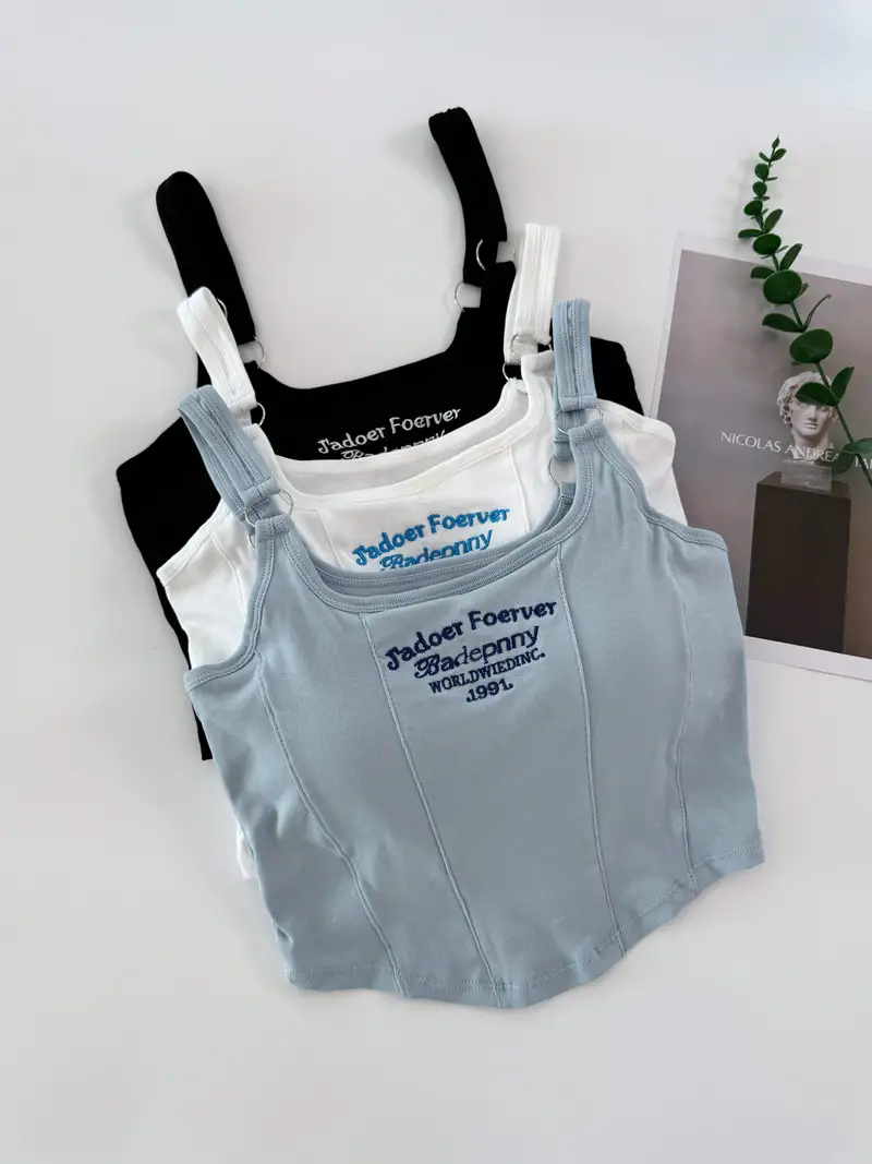 3pcs Girls Letter Embroidered Cami With Chest Pads Casual Fashionable Tops For 13-16 Y